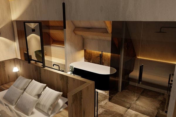 Prive spa hotelkamer met Finse sauna, stoomdoucheruimte en ligbad sfeervolle materialen
