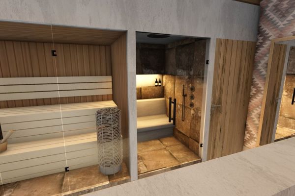 Prive spa met Finse sauna, luxe stoomruimte, belevingsdouches