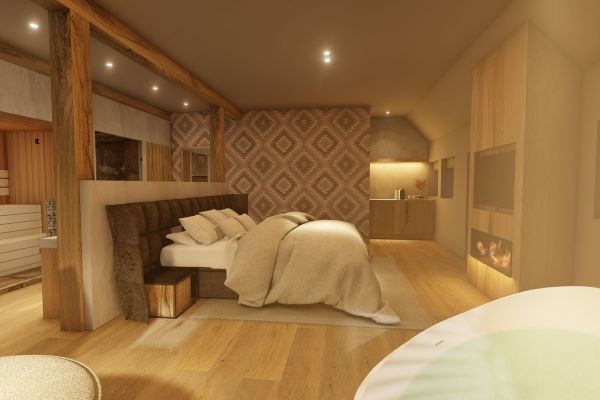 Interieurontwerp prive spa met sauna, stoomruimte en eikenhouten interieur